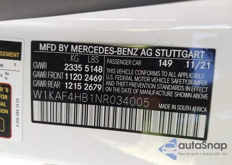 2022 Mercedes-Benz C 300 4Matic z USA, uszkodzony, nr VIN W1KAF4HB1NR034005